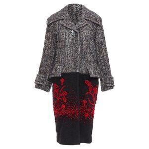 PRADA 2017 speckled wool tweed red bead embellishment hem long coat IT38 XS